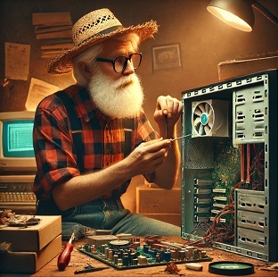 An old man working on an open computer.